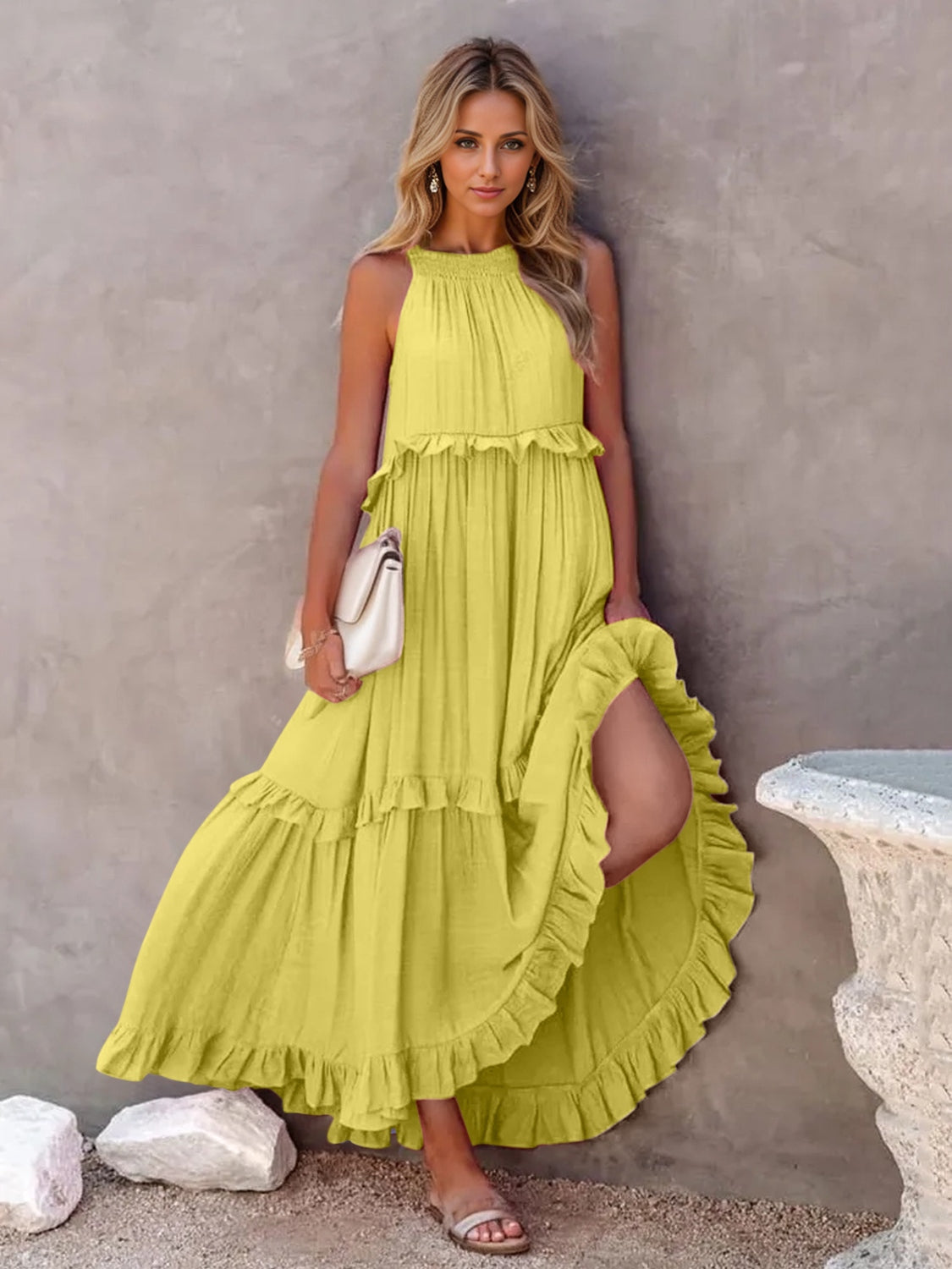 Ruffled Sleeveless Tiered Maxi Dress with Pockets - Luminous Bear Shop