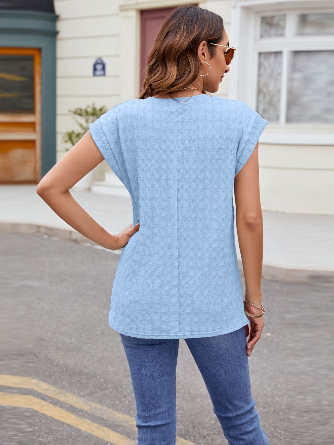 Textured Round Neck Cap Sleeve T-Shirt - Luminous Bear Shop