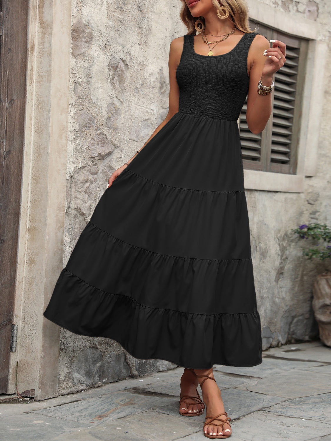 Smocked Scoop Neck Sleeveless Tank Dress - Luminous Bear Shop