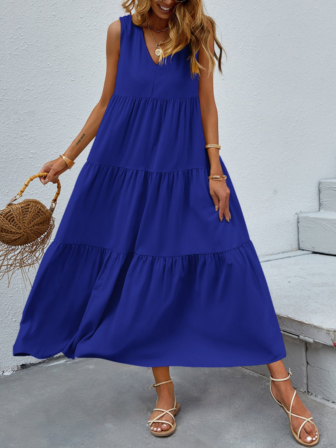 Tiered V-Neck Sleeve Dress - Luminous Bear Shop