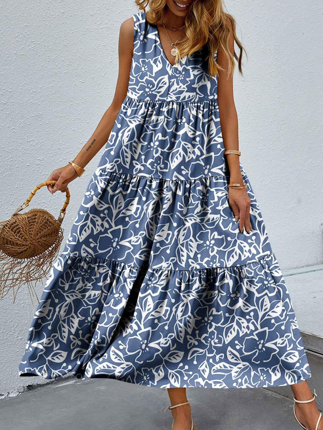 Tiered Printed V-Neck Sleeveless Dress - Luminous Bear Shop