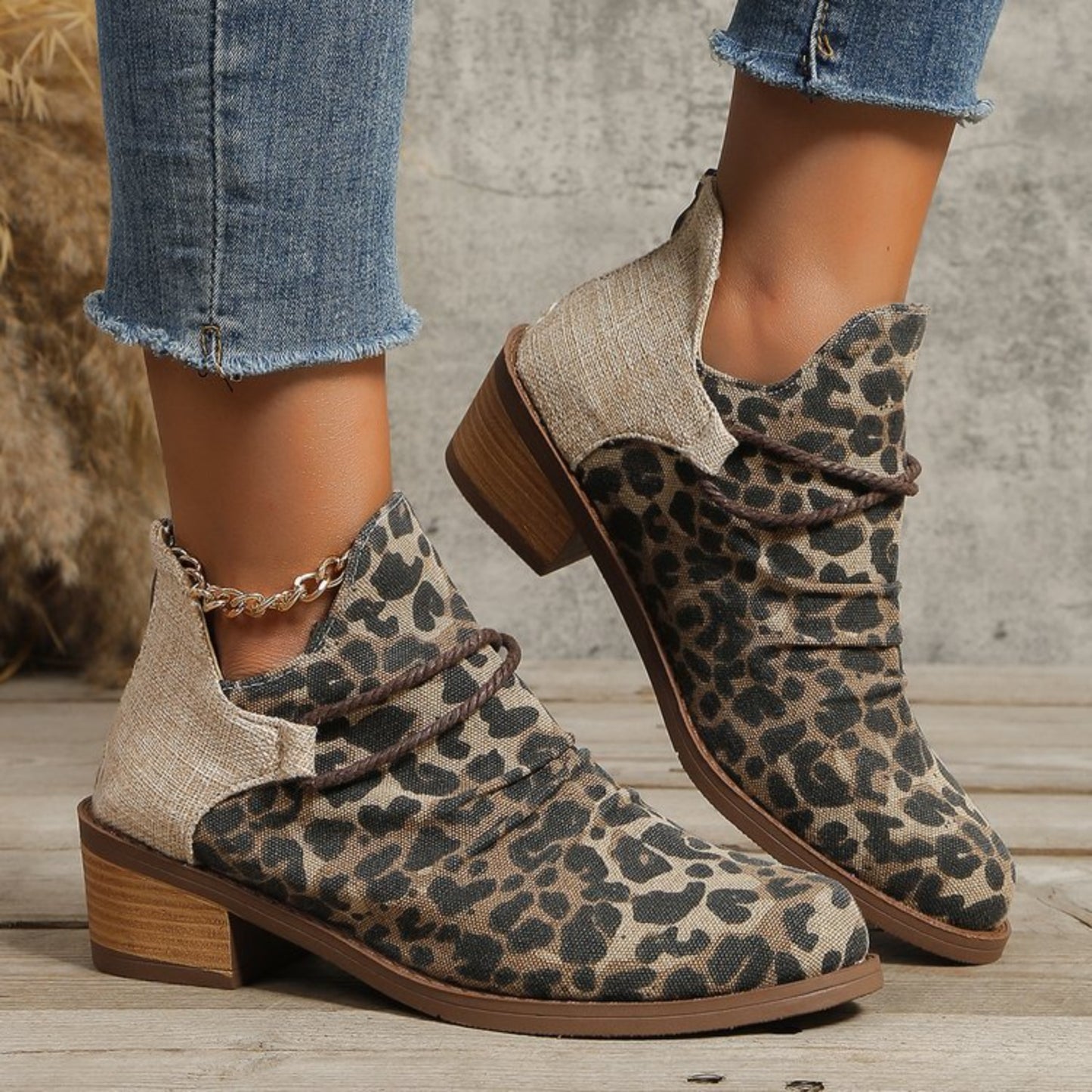 Contrast Canvas Low Heel Boots - Luminous Bear Shop