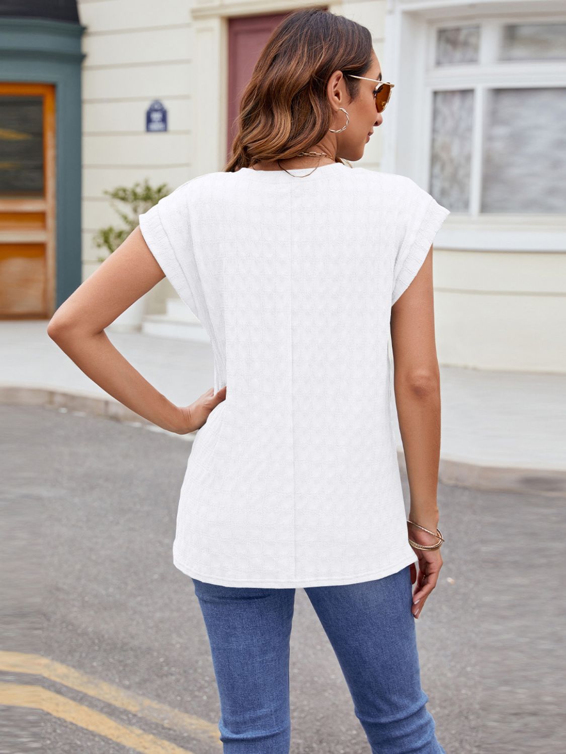 Textured Round Neck Cap Sleeve T-Shirt - Luminous Bear Shop