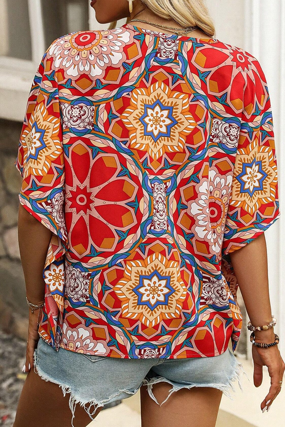 Printed V-Neck Half Sleeve Blouse - Luminous Bear Shop