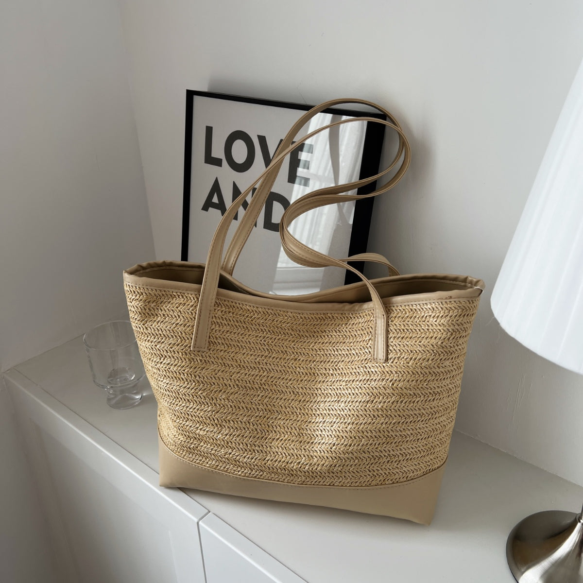 Straw Weave Leather Strap Tote Bag - Luminous Bear Shop