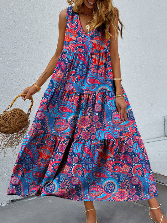 Tiered Printed V-Neck Sleeveless Dress - Luminous Bear Shop