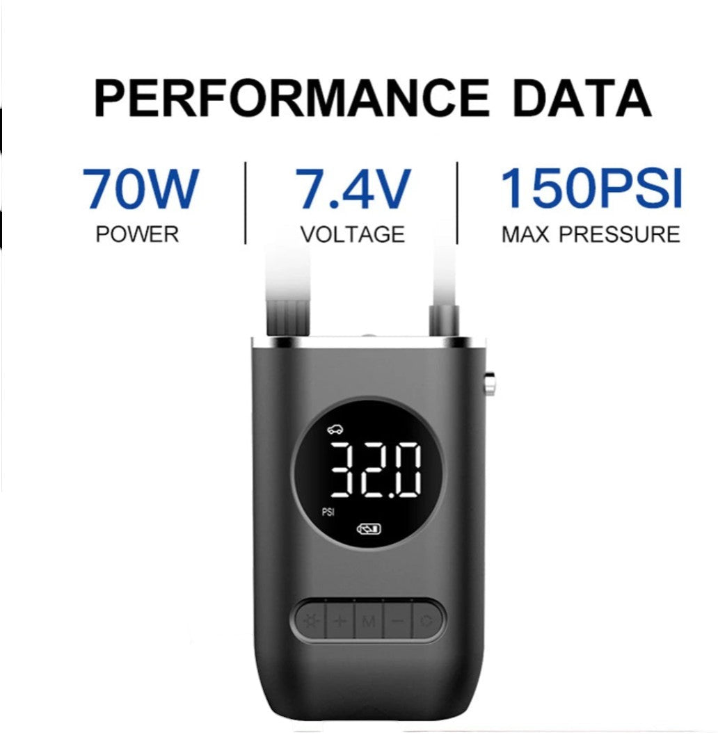 π Portable Wireless Digital Tire Inflator β Multifunctional Electric Air Pump for Cars, Motorcycles, Bikes & More (150 PSI | 2000mAh Dual Battery)