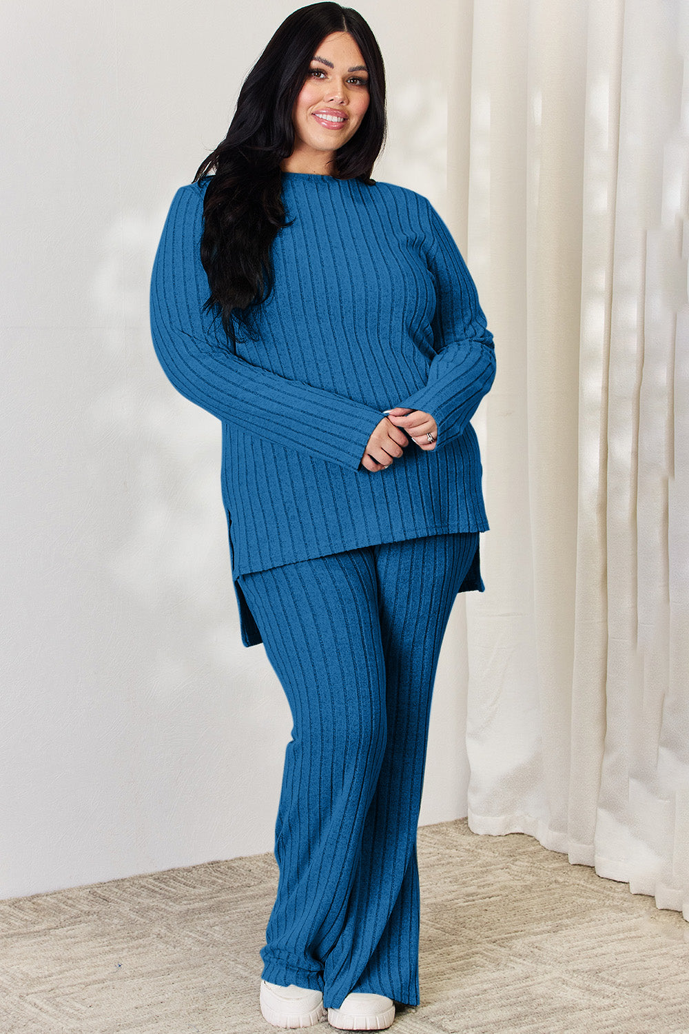 Basic Bae Full Size Ribbed High-Low Top and Wide Leg Pants Set - Luminous Bear Shop
