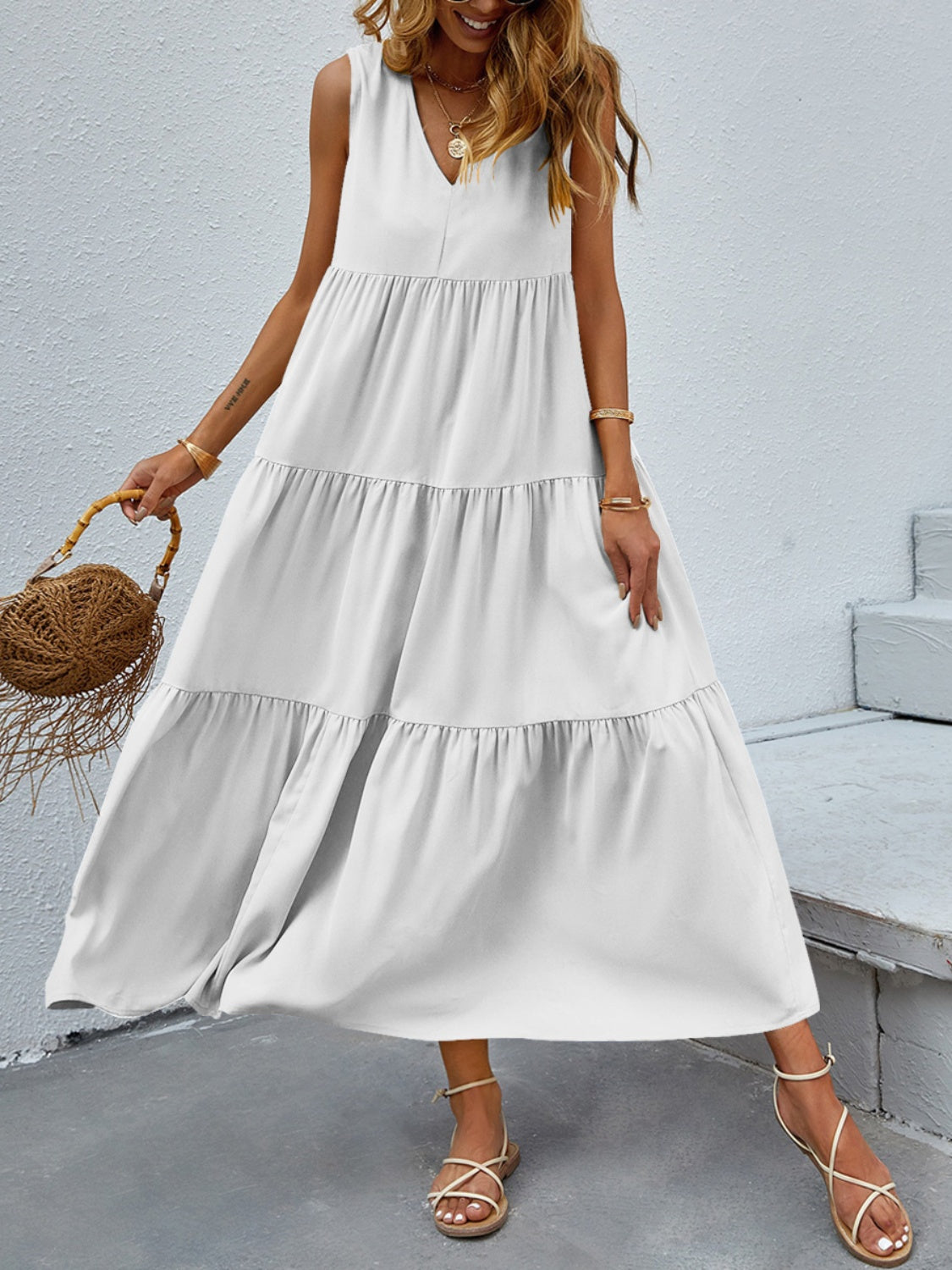 Tiered V-Neck Sleeve Dress - Luminous Bear Shop