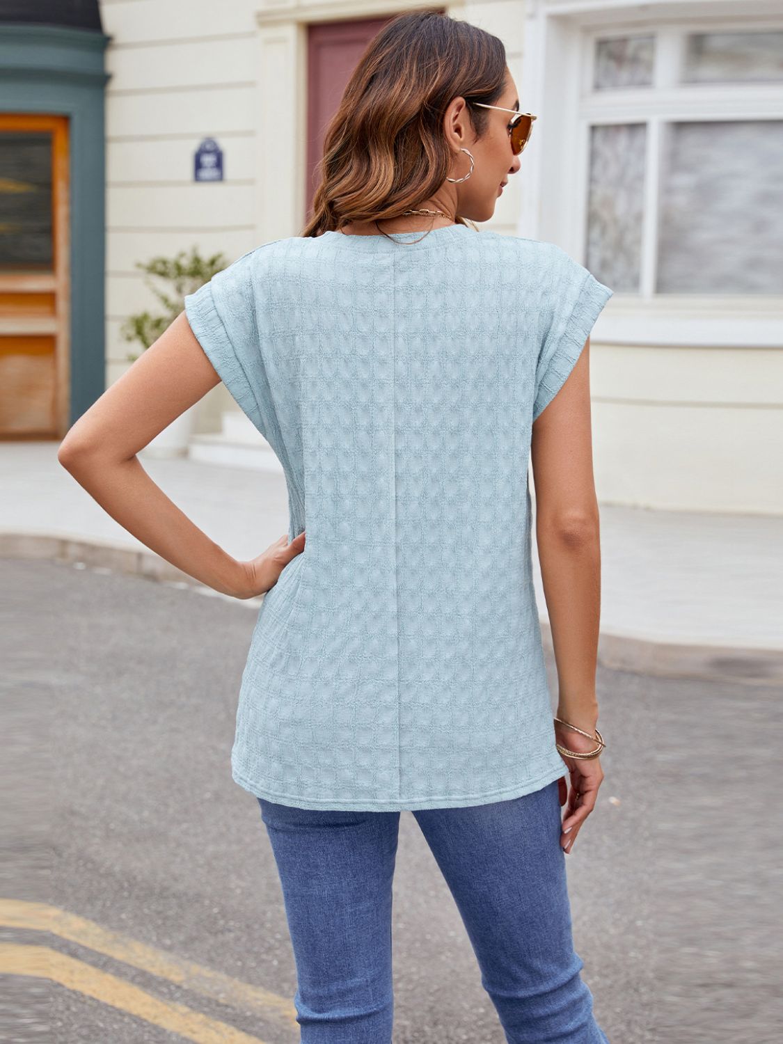 Textured Round Neck Cap Sleeve T-Shirt - Luminous Bear Shop