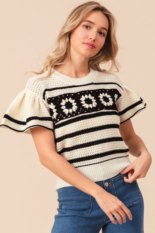 BiBi Granny Square Short Sleeve Striped Sweater - Luminous Bear Shop