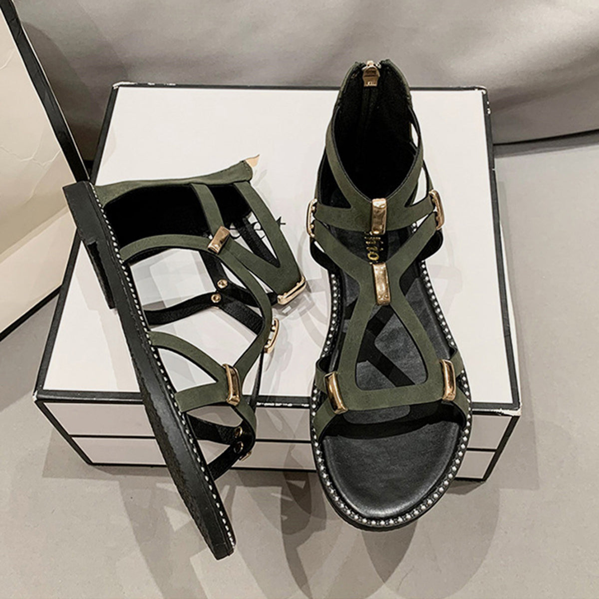 Open Toe Back Zipper Flat Sandals - Luminous Bear Shop