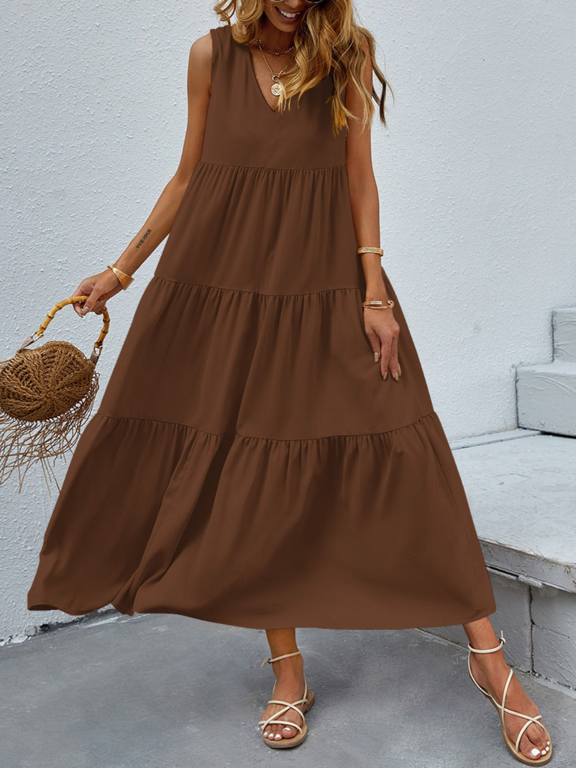 Tiered V-Neck Sleeve Dress - Luminous Bear Shop