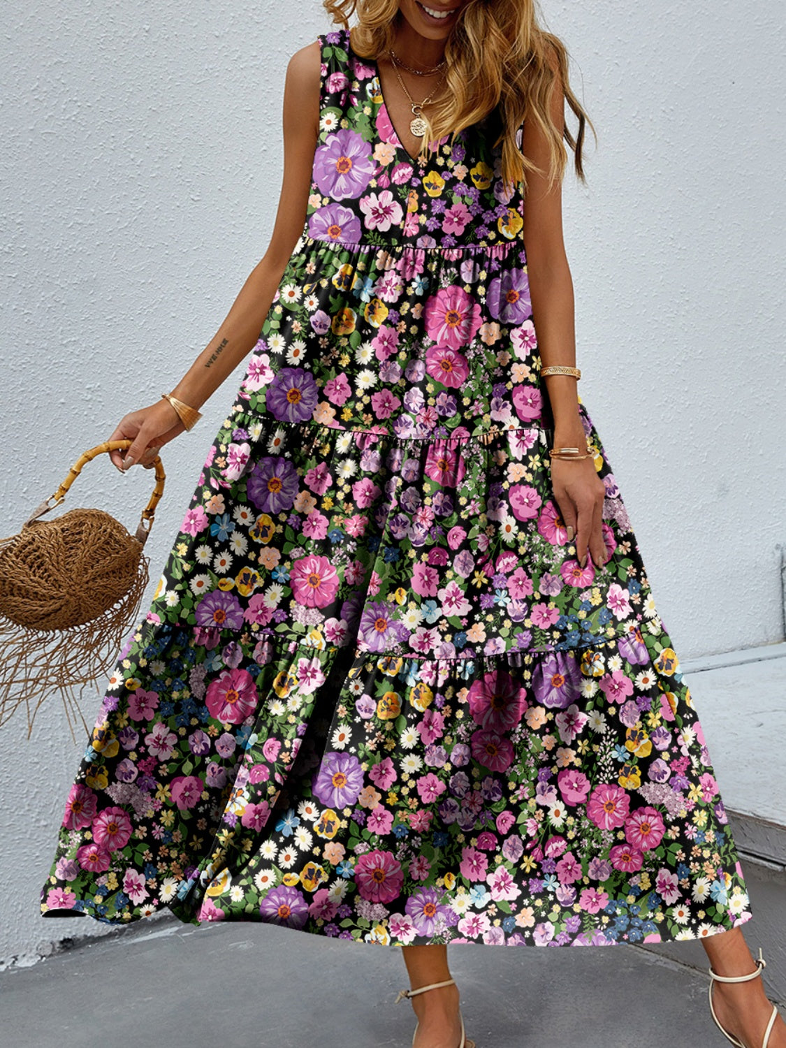 Tiered Printed V-Neck Sleeveless Dress - Luminous Bear Shop