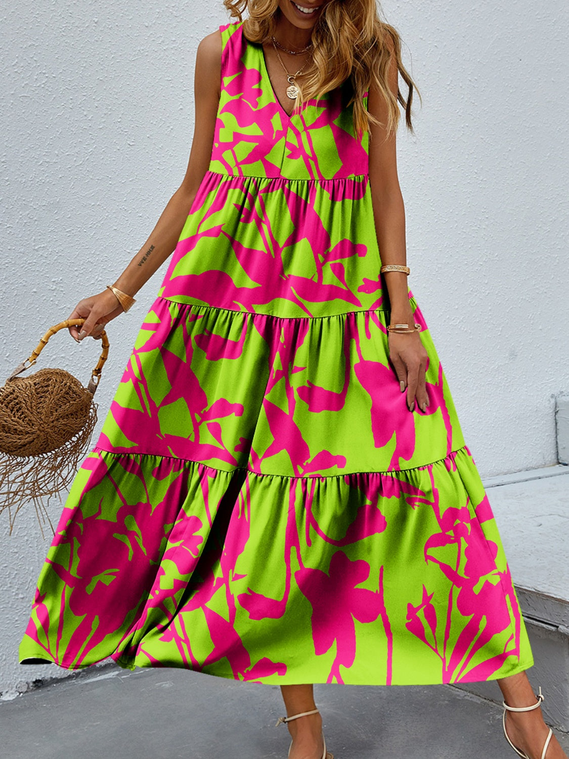 Tiered Printed V-Neck Sleeveless Dress - Luminous Bear Shop