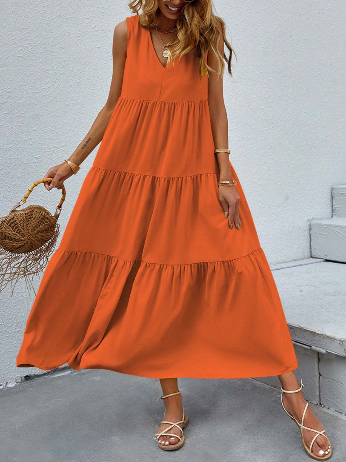 Tiered V-Neck Sleeve Dress - Luminous Bear Shop