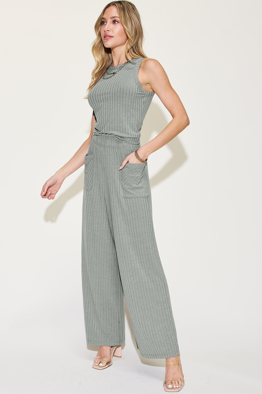 Basic Bae Full Size Ribbed Tank and Wide Leg Pants Set - Luminous Bear Shop