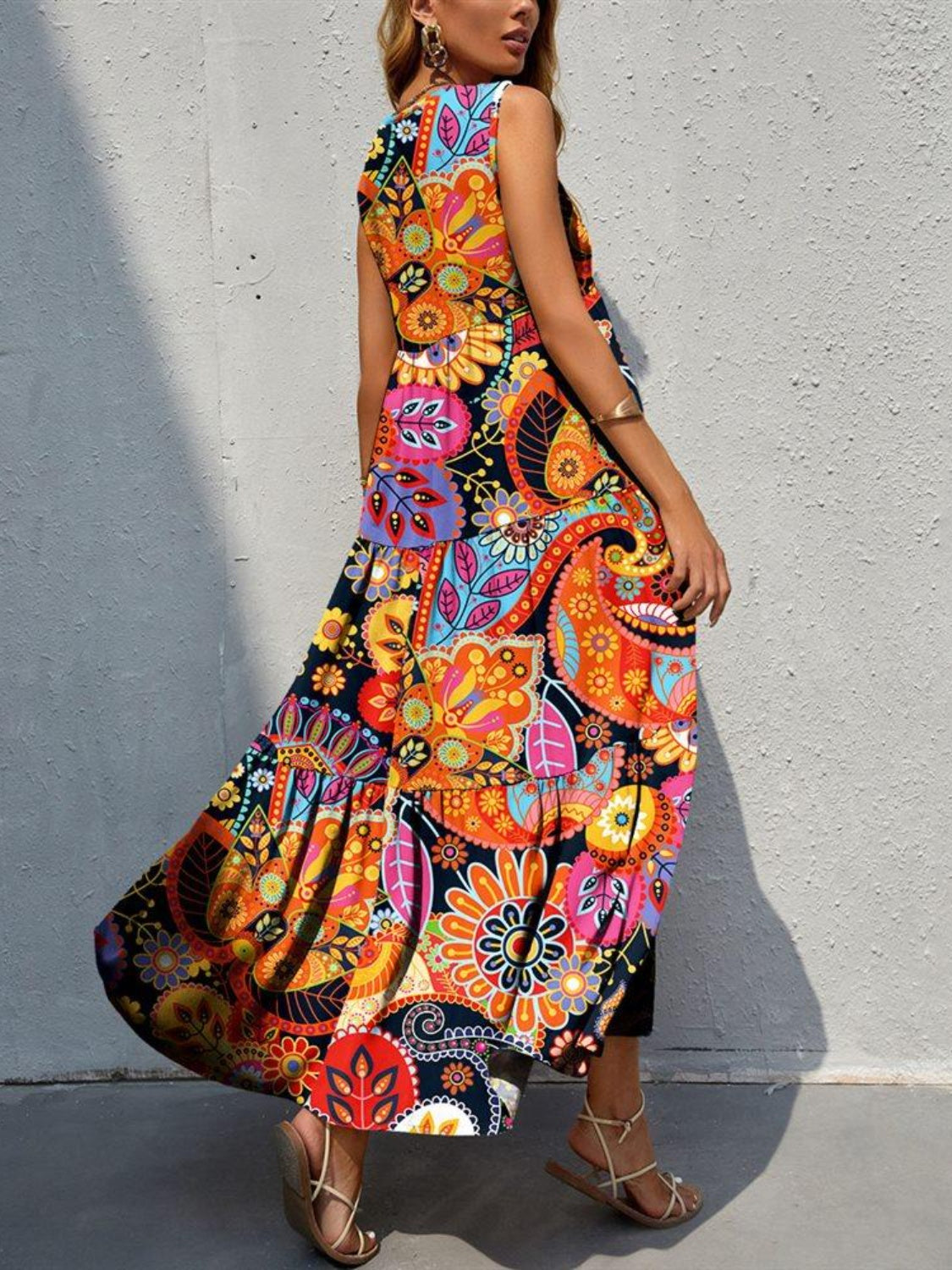 Tiered Printed V-Neck Sleeveless Dress - Luminous Bear Shop