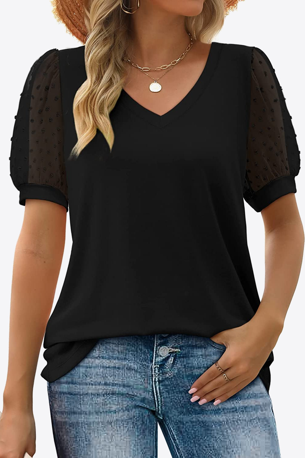 Swiss Dot Puff Sleeve V-Neck Tee - Luminous Bear Shop