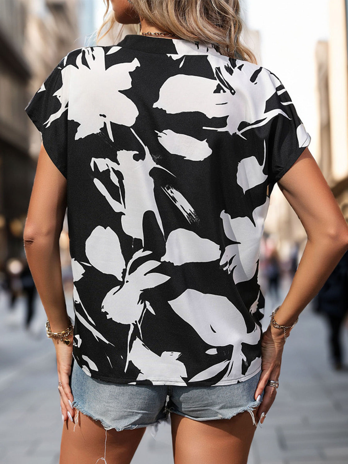 Printed Notched Short Sleeve Blouse - Luminous Bear Shop