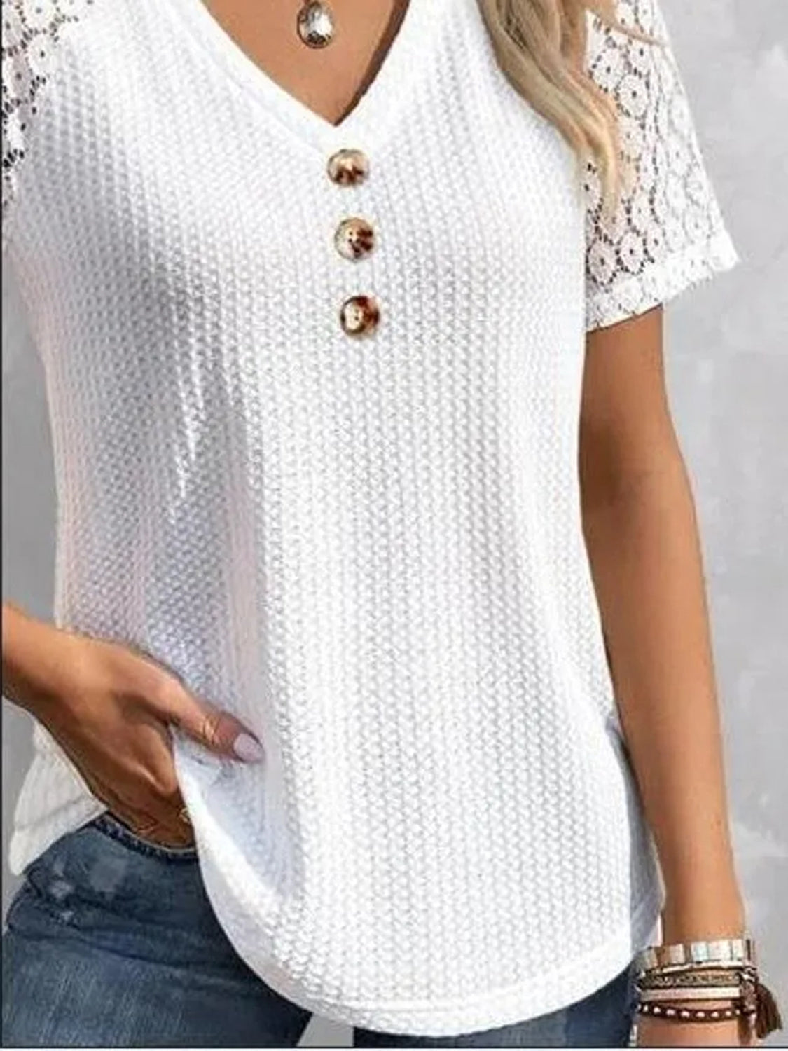 Waffle-Knit V-Neck Short Sleeve Top - Luminous Bear Shop