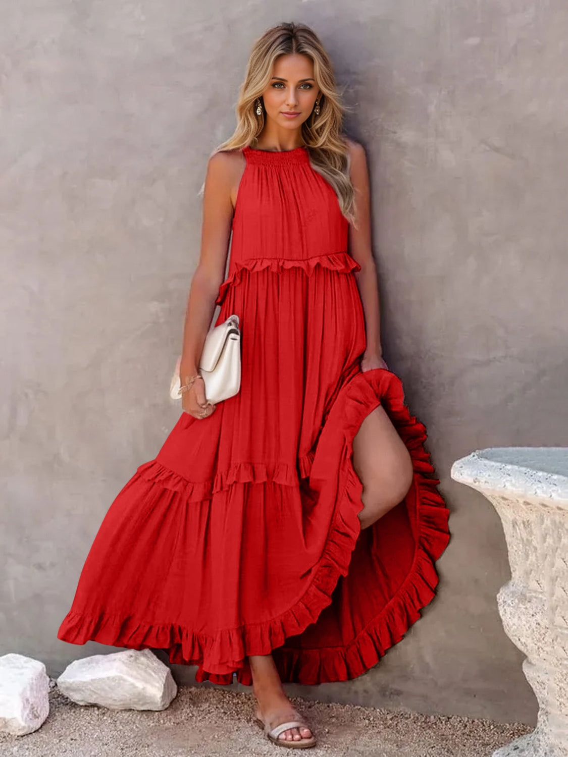 Ruffled Sleeveless Tiered Maxi Dress with Pockets - Luminous Bear Shop
