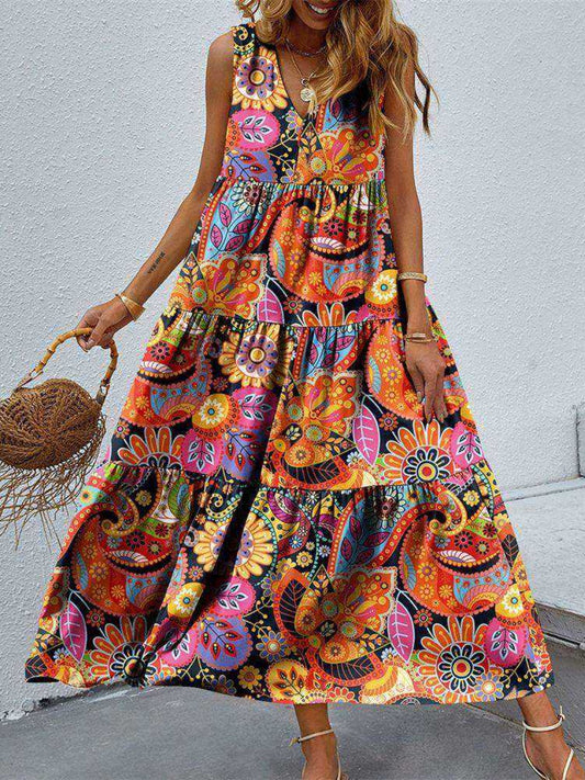 Tiered Printed V-Neck Sleeveless Dress - Luminous Bear Shop