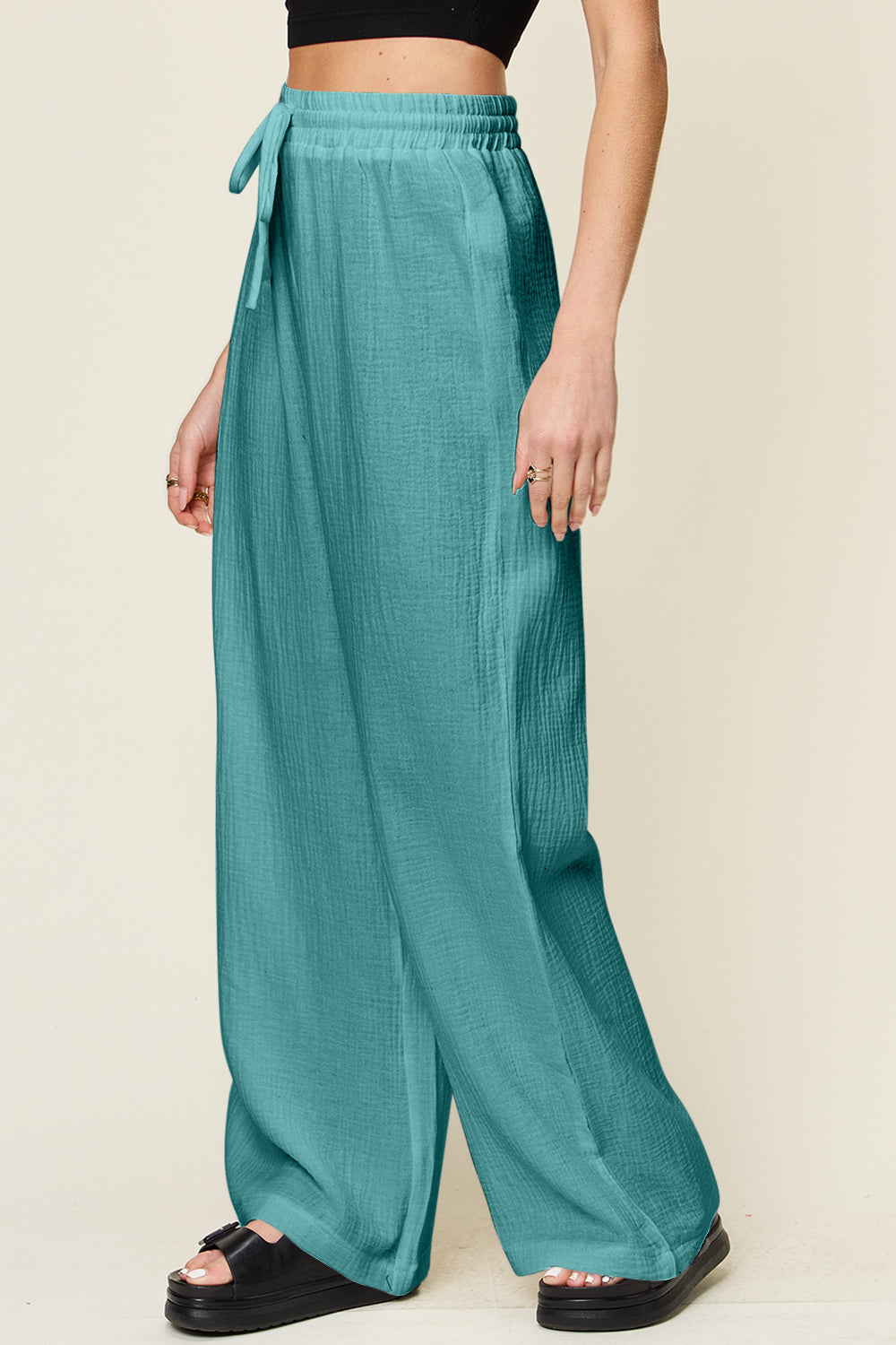 Double Take Full Size Texture Drawstring Wide Leg Pants - Luminous Bear Shop