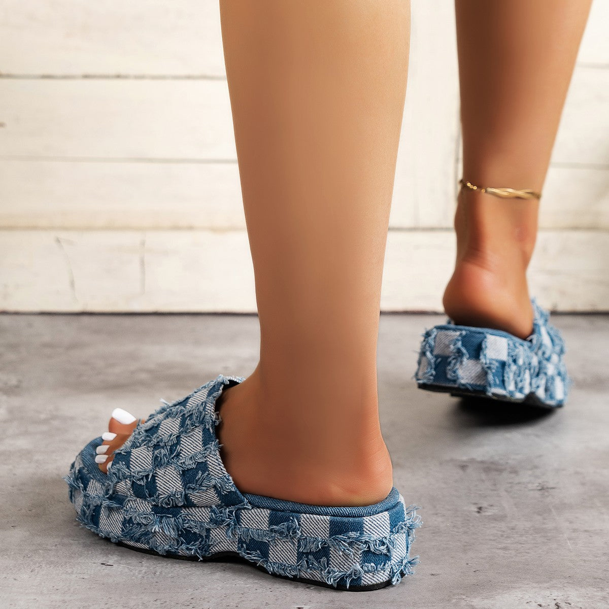 Plaid PU Leather Platform Sandals - Luminous Bear Shop