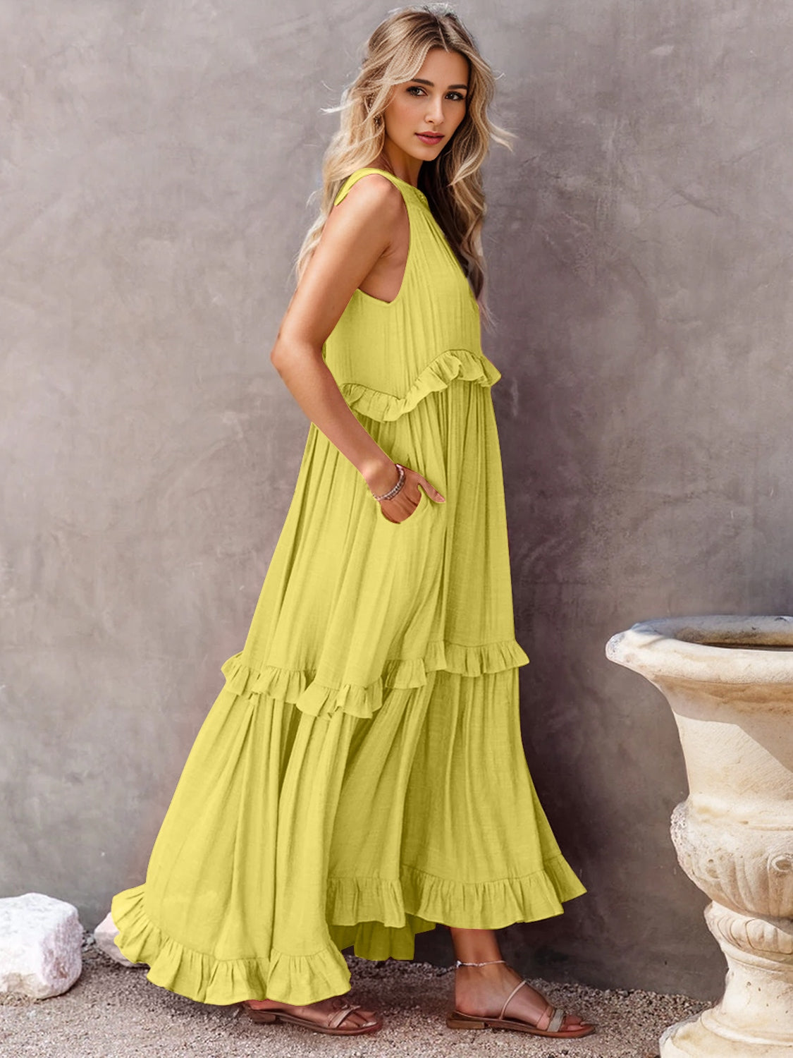 Ruffled Sleeveless Tiered Maxi Dress with Pockets - Luminous Bear Shop