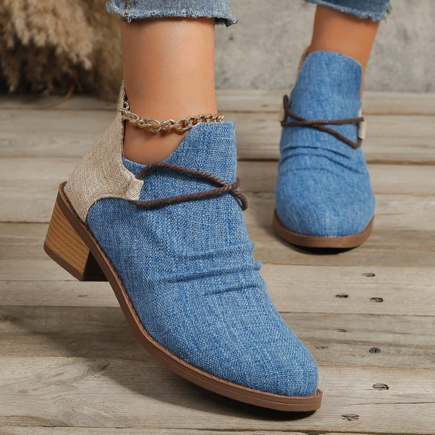 Contrast Canvas Low Heel Boots - Luminous Bear Shop