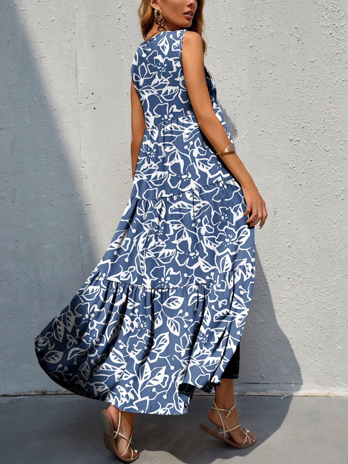Tiered Printed V-Neck Sleeveless Dress - Luminous Bear Shop