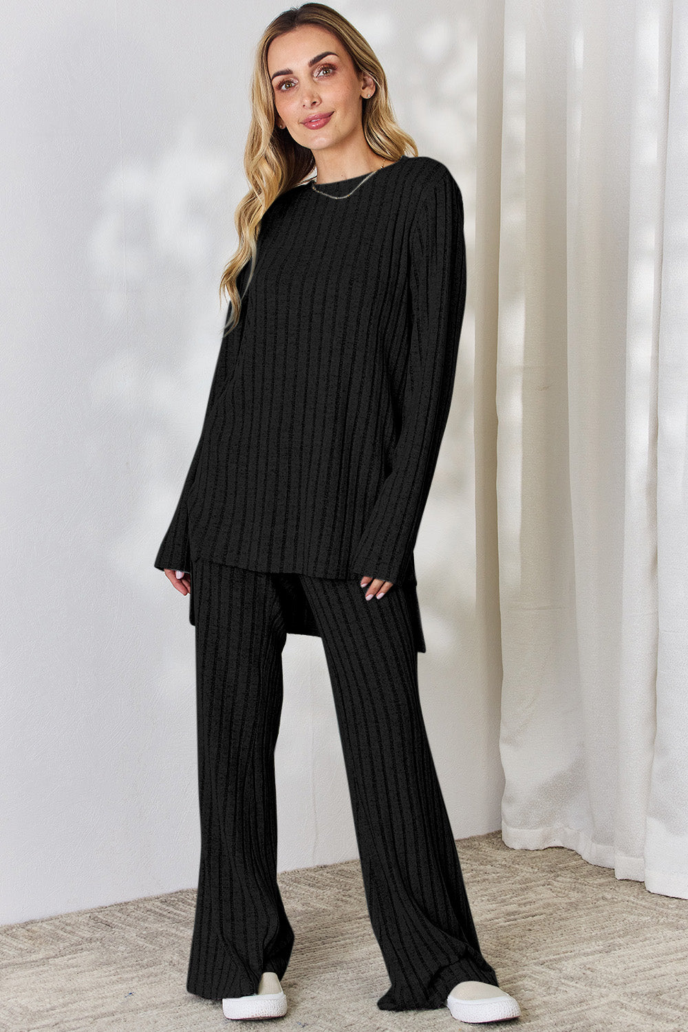 Basic Bae Full Size Ribbed High-Low Top and Wide Leg Pants Set - Luminous Bear Shop