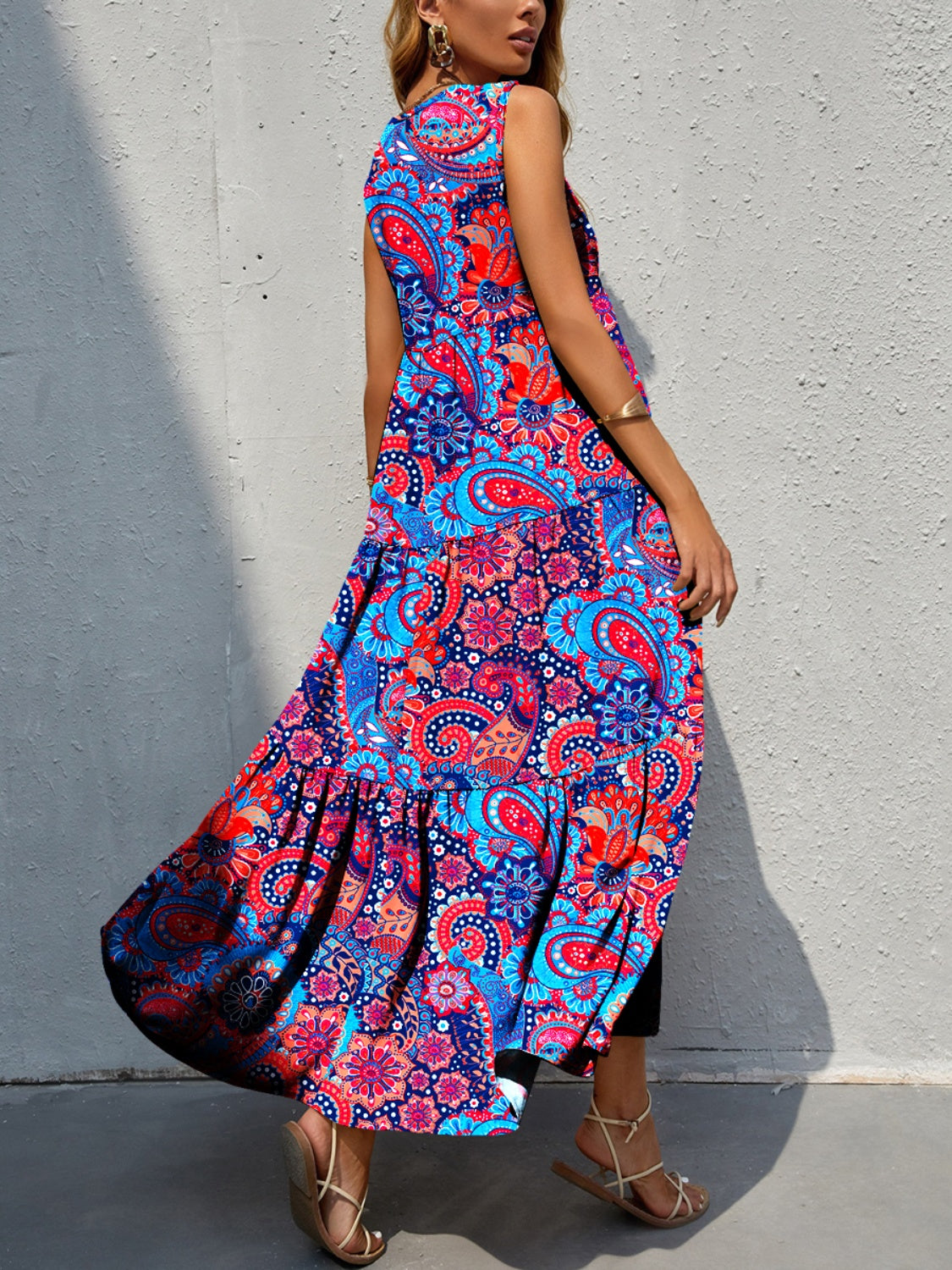 Tiered Printed V-Neck Sleeveless Dress - Luminous Bear Shop