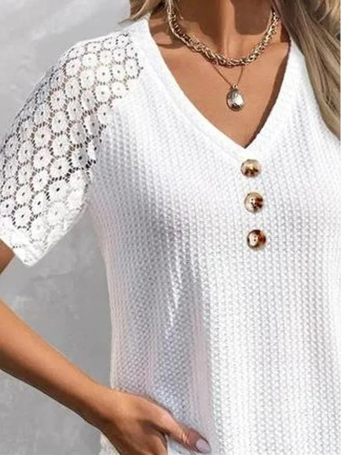 Waffle-Knit V-Neck Short Sleeve Top - Luminous Bear Shop