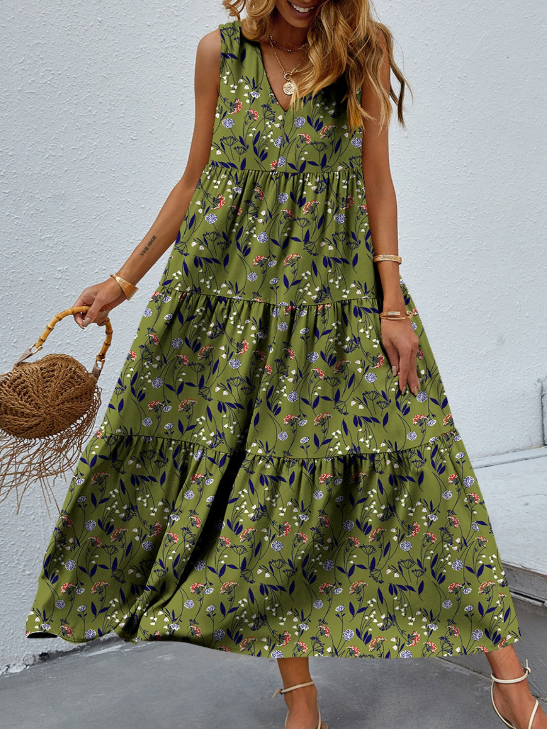 Tiered Printed V-Neck Sleeveless Dress - Luminous Bear Shop