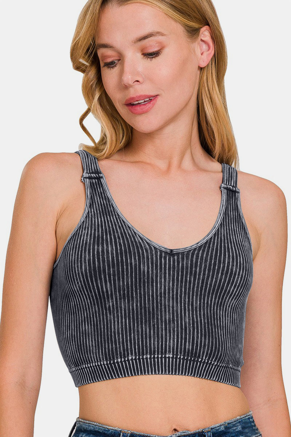 Zenana Washed Ribbed Cropped V-Neck Tank - Luminous Bear Shop