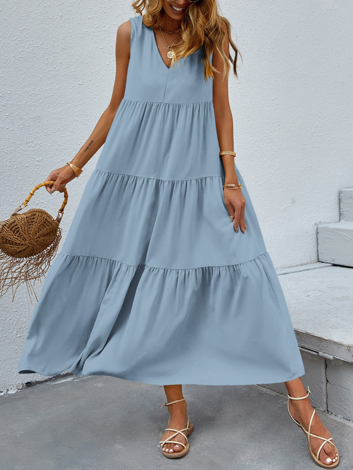 Tiered V-Neck Sleeve Dress - Luminous Bear Shop