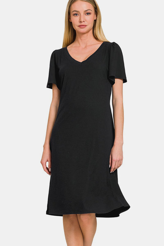 Zenana V-Neck Short Sleeve Dress - Luminous Bear Shop