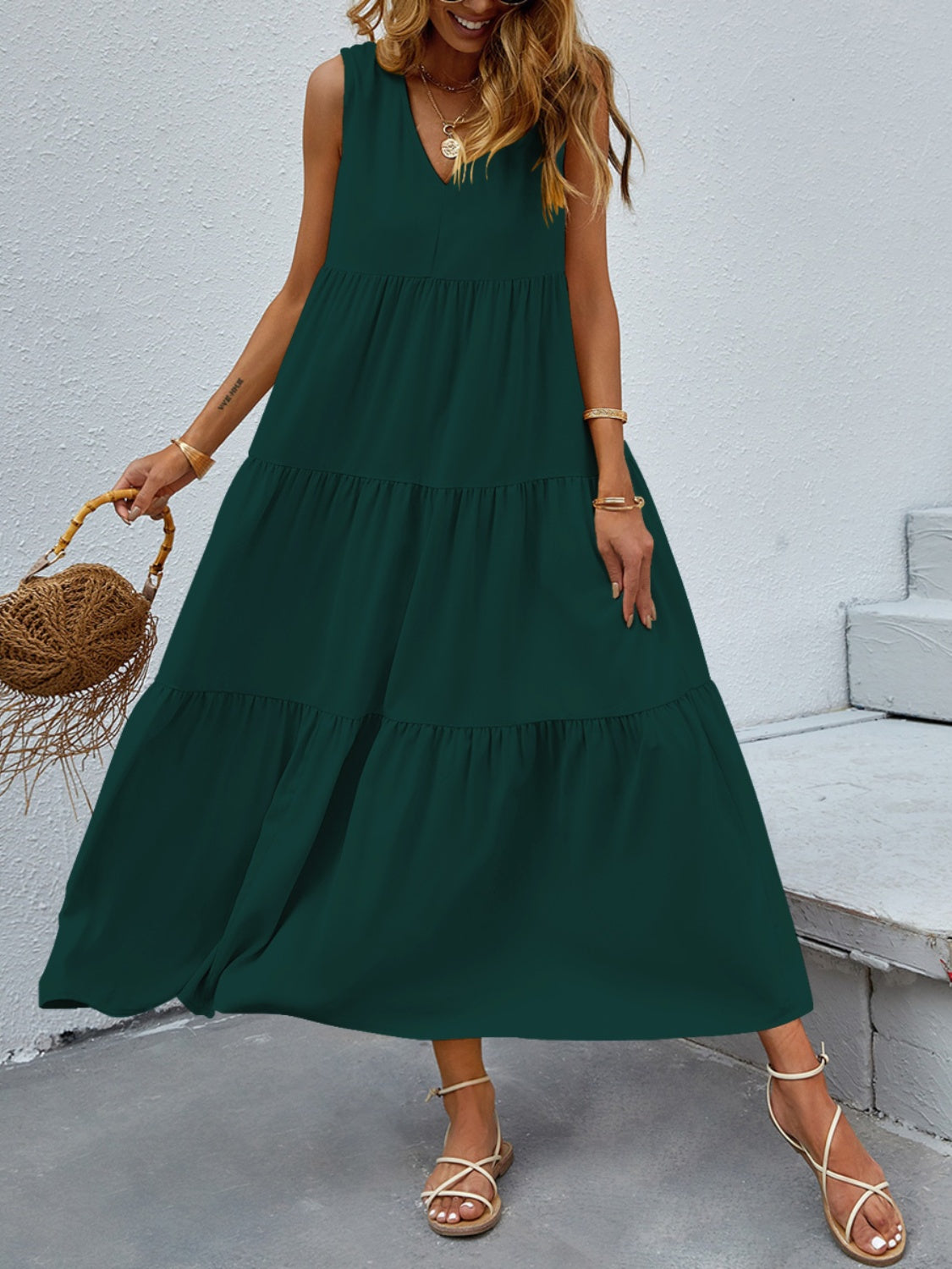 Tiered V-Neck Sleeve Dress - Luminous Bear Shop