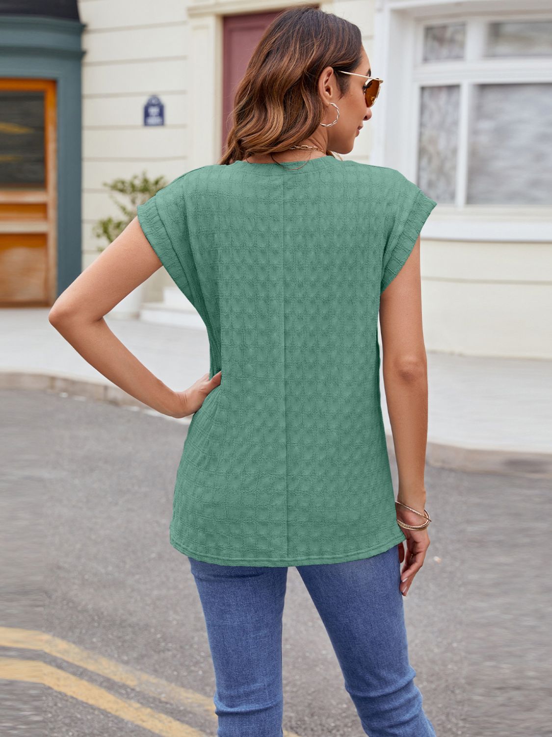 Textured Round Neck Cap Sleeve T-Shirt - Luminous Bear Shop