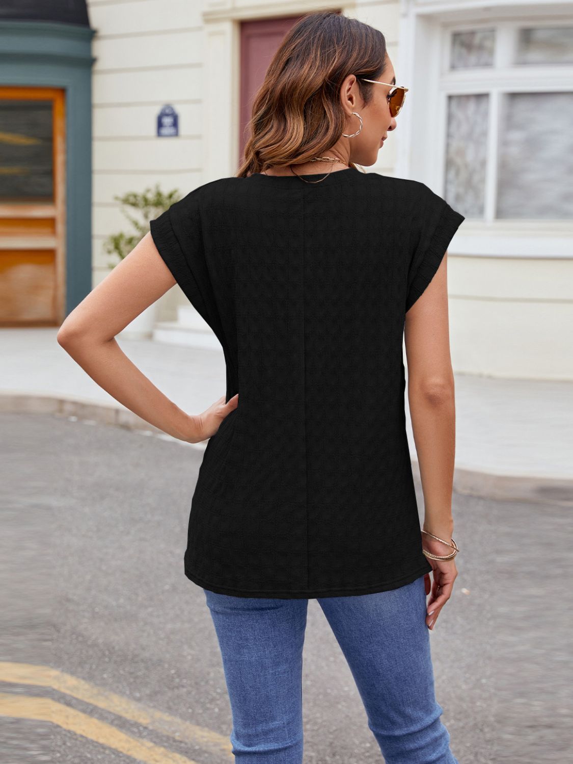 Textured Round Neck Cap Sleeve T-Shirt - Luminous Bear Shop