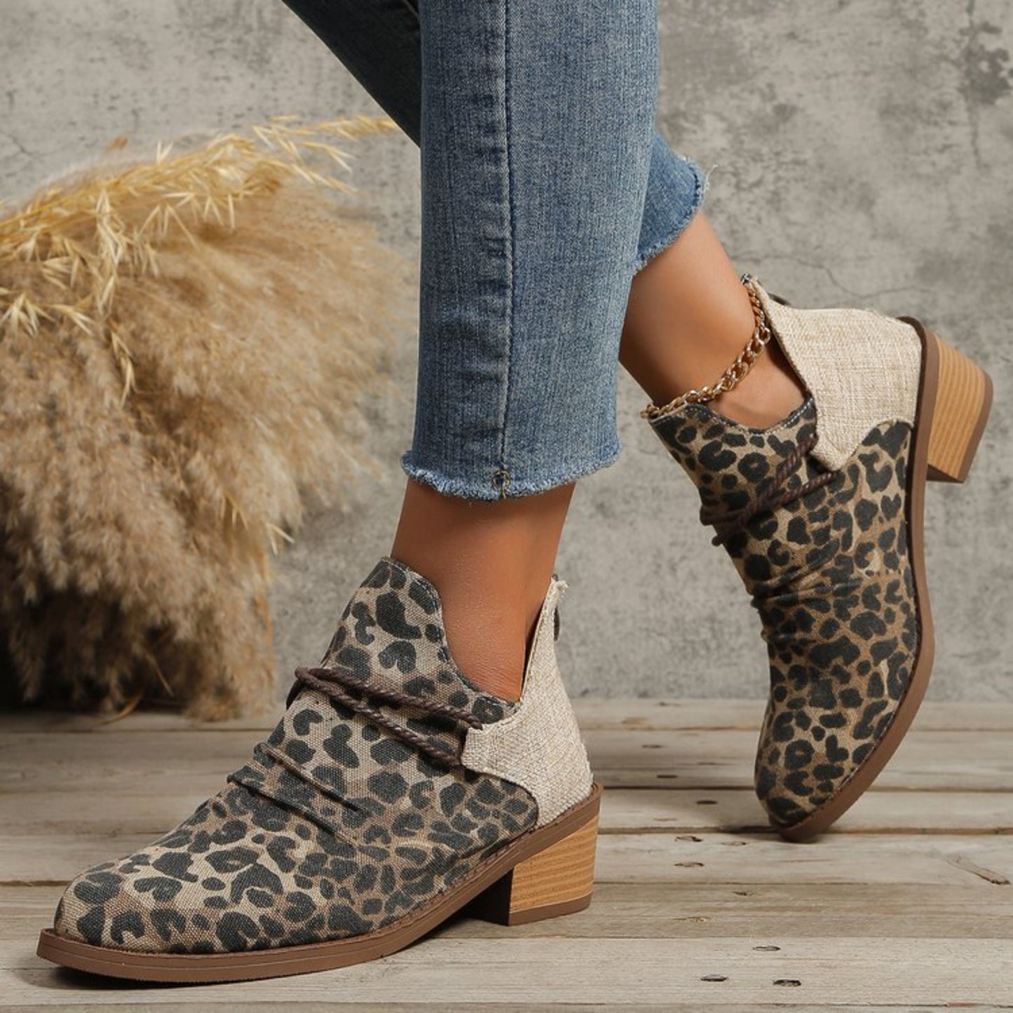 Contrast Canvas Low Heel Boots - Luminous Bear Shop