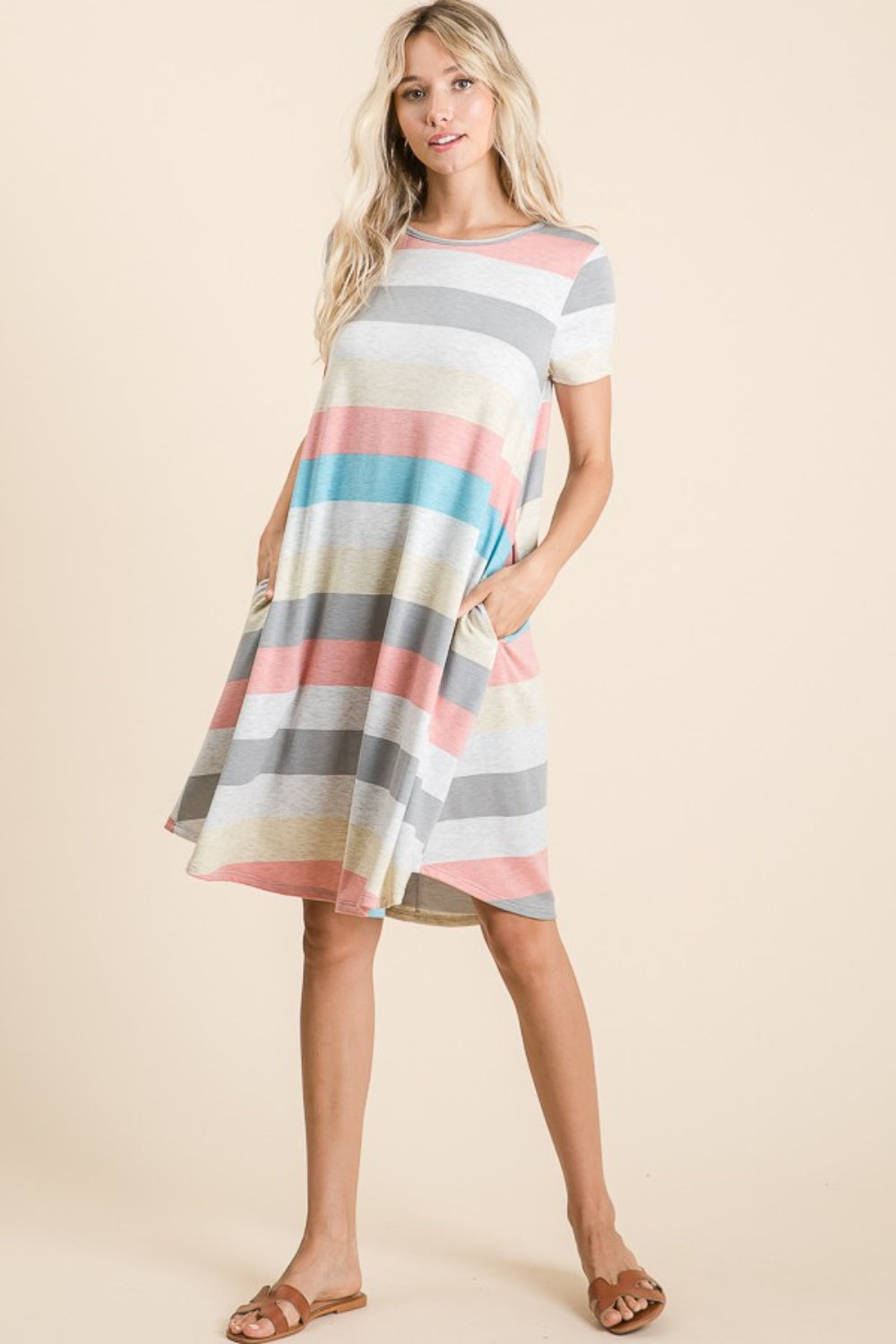 BOMBOM Striped Short Sleeve Dress with Pockets - Luminous Bear Shop
