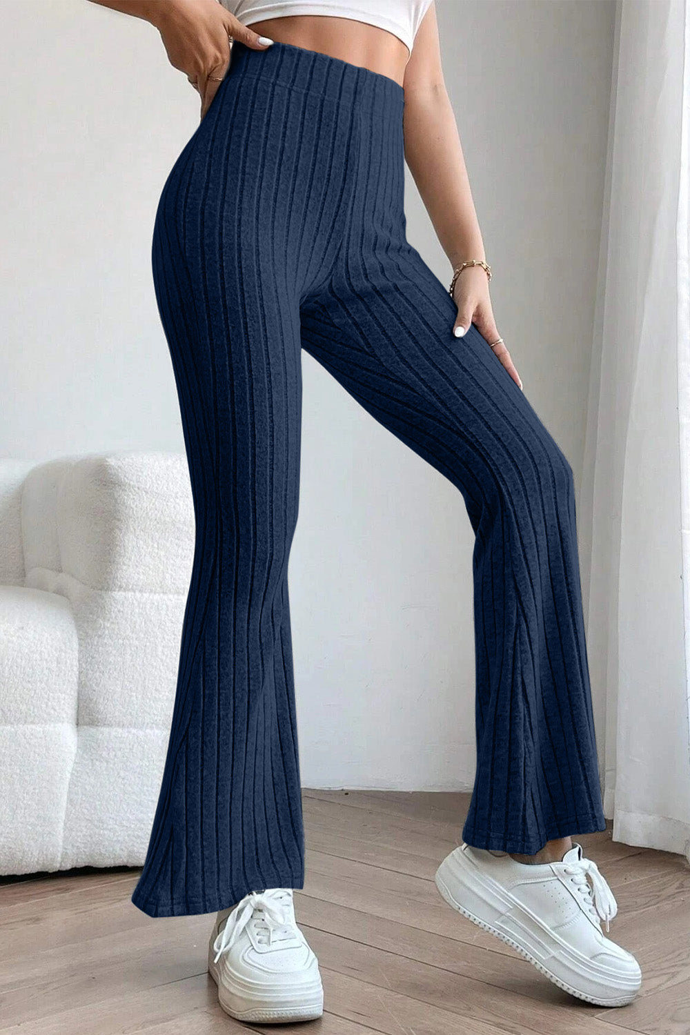 Basic Bae Full Size Ribbed High Waist Flare Pants - Luminous Bear Shop