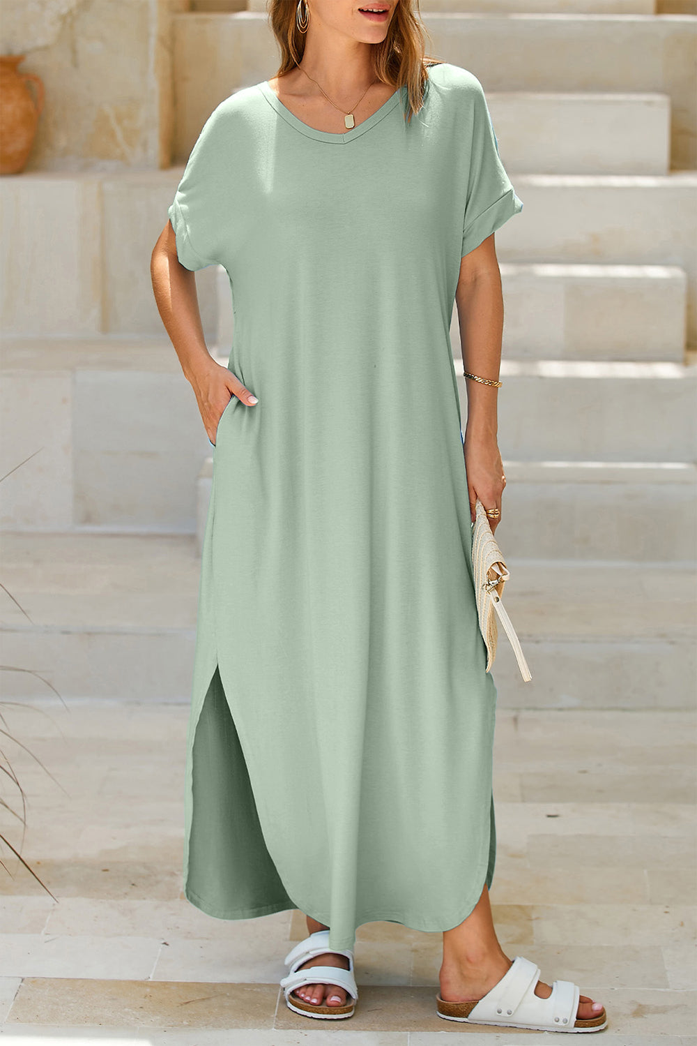 Slit Pocketed Short Sleeve Dress - Luminous Bear Shop