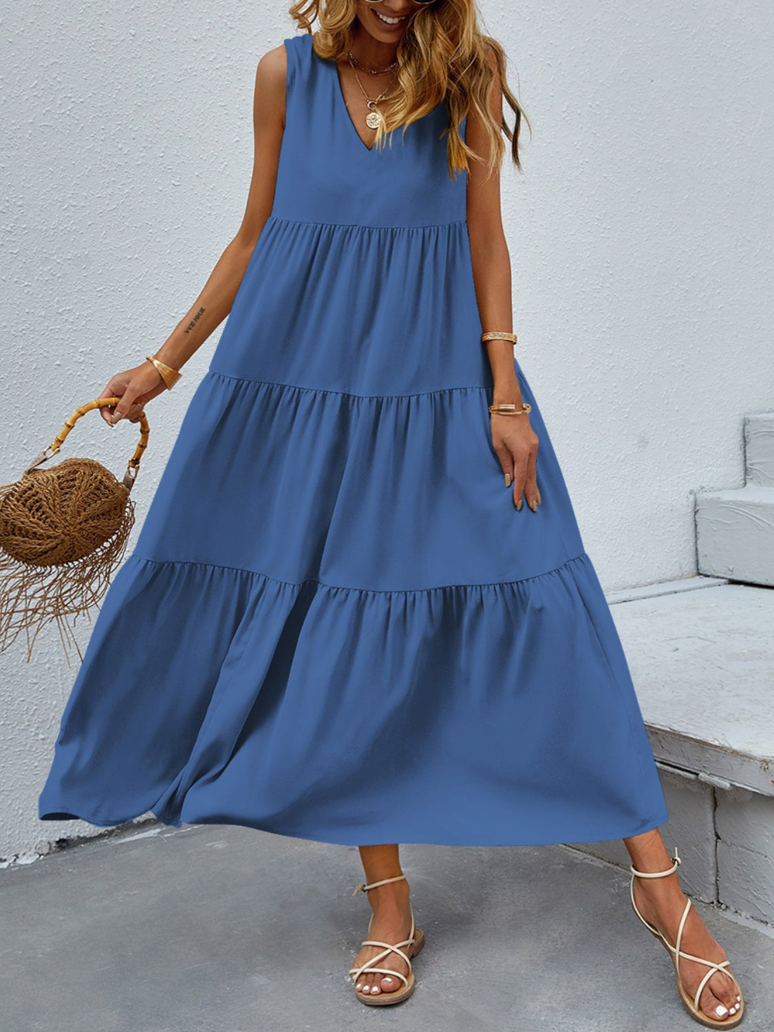 Tiered V-Neck Sleeve Dress - Luminous Bear Shop