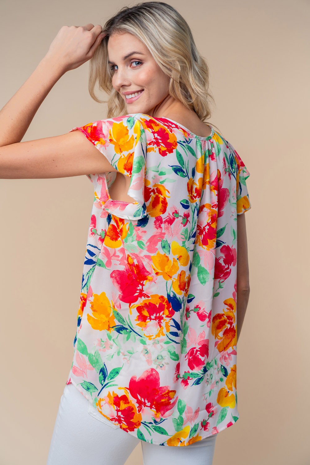 White Birch Full Size Short Sleeve Floral Woven Top - Luminous Bear Shop