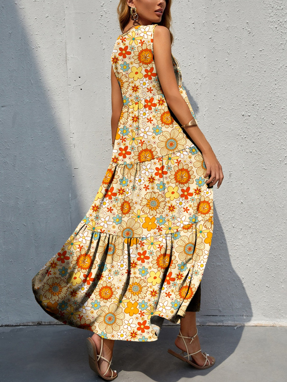 Tiered Printed V-Neck Sleeveless Dress - Luminous Bear Shop