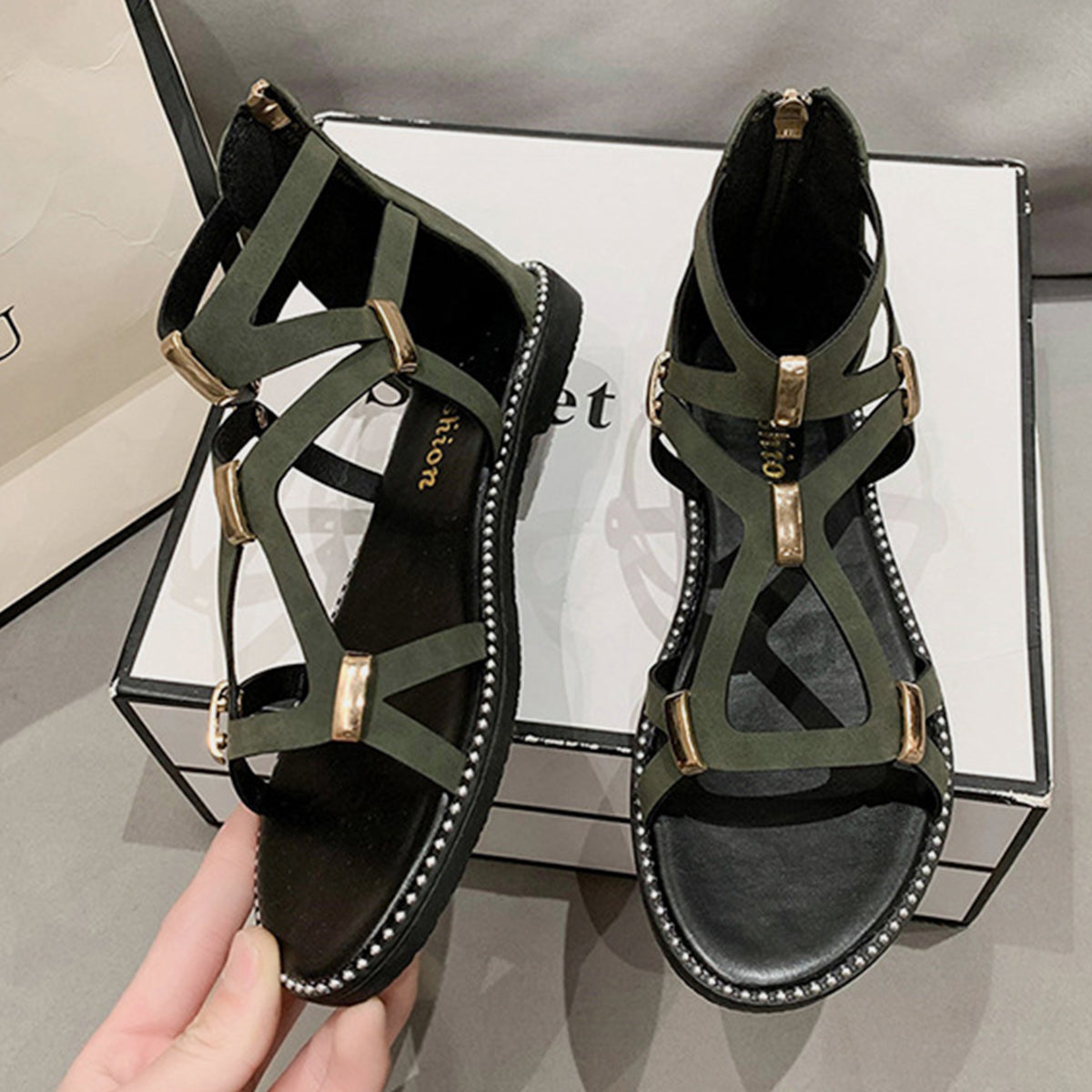 Open Toe Back Zipper Flat Sandals - Luminous Bear Shop